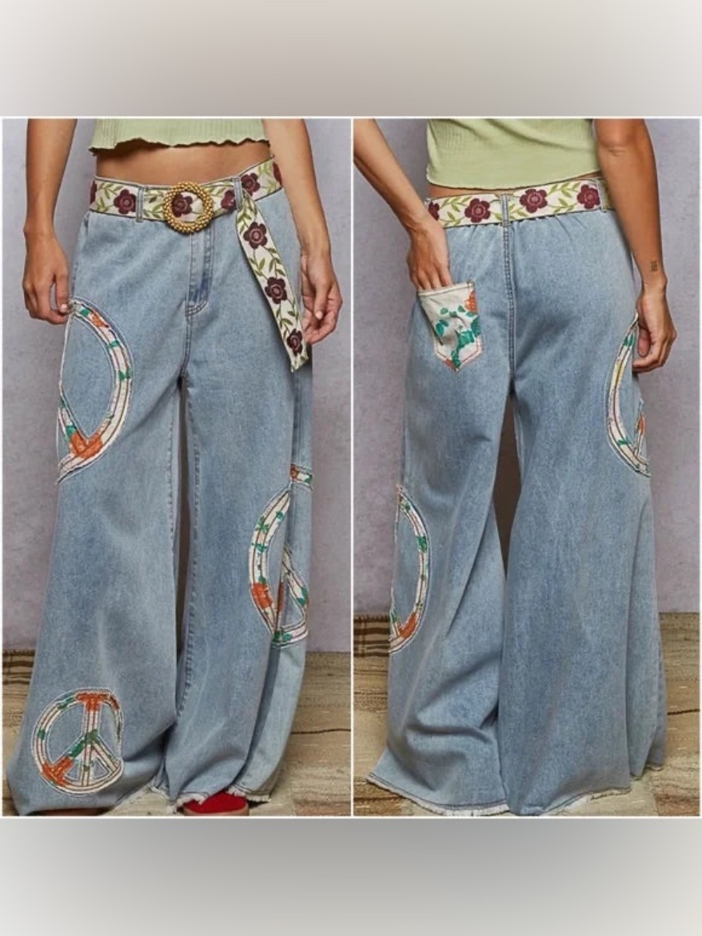 POL Peace Patchwork Light Wash Wide leg Denim Jean pants Medium 70’s hippie boho - Picture 3 of 15